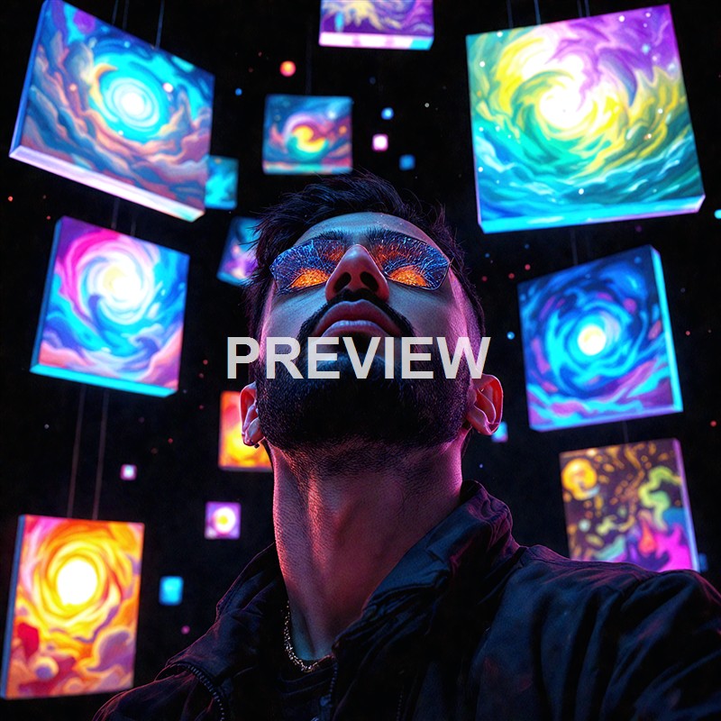 A man wearing sunglasses with a reflection of colorful, swirling galaxy patterns, standing in front of a display of vibrant, animated galaxy artwork hanging from the ceiling.